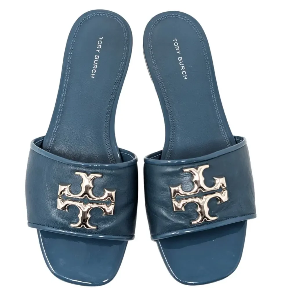 Tory Burch Eleanor Sandals Brisk Blue Leather Slides Logo‎ Size 8